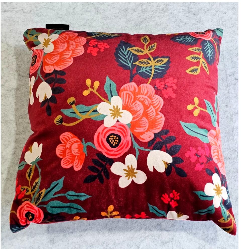 Rifle Paper Co x Loloi Velvet Floral Throw Pillow Burgundy Botanical Decor 16x16